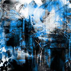 an abstract painting with blue and black colors on it's surface, including the building