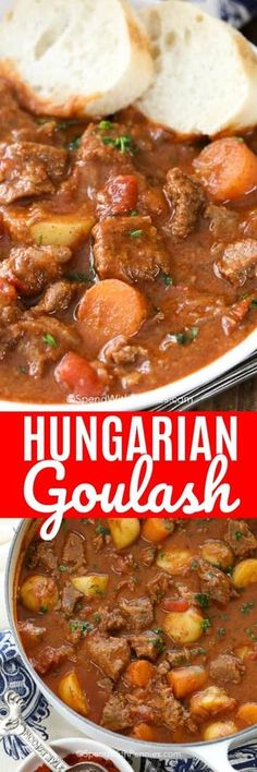 two pictures with the words hungarian goulash on them