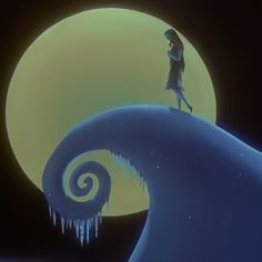 a woman standing on top of a wave in front of a full moon with icicles