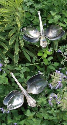 three spoons are placed in the middle of some flowers