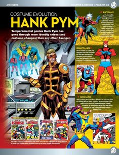 an advertisement for the comic book's costume evolution hank pym, featuring characters from various