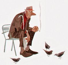 a man sitting on a chair with birds around him