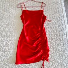 Zara Satin Mini Dress, Size S Brand New Red Ruched Sheath Mini Dress, Red Satin Mini Dress, Satin Mini Dress, Red Satin, Zara Dresses, Pink Red, New Color, Zara, Satin