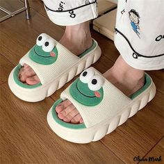 Olivia Mark - Adorable Frog Slippers for Couples: Comfortable, Anti-Slip, and Odor-Resistant Home Slippers with Thick Soles Green Non-slip Slippers For Leisure, Frog Slippers, Pink Shark, Linen Slippers, Embroidery Hoodie, Women Slides, Blue Shark, Cute Frog, Summer Slippers