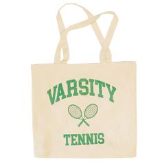 Varsity Tennis green color graphic on front of square silhouette canvas tote bag in a natural color. 100% cotton, natural color canvas. Screen printed green graphic on front. Dual carry handles 14.5" X 14.5" X 4.5" Style ALT5102 Green Cotton Canvas Bag For School, Green Cotton Canvas School Bag, Green Cotton School Canvas Bag, Green Canvas Bag With Letter Print For Everyday, Eco-friendly Rectangular Canvas Bag With Screen Print, Eco-friendly Green Canvas Bag For School, Eco-friendly Green Canvas School Bag, Eco-friendly Green Bag With Letter Print, Eco-friendly Green Bags With Letter Print