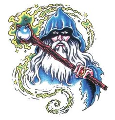 an old wizard holding a wand and magic ball in his hand with fire coming out of it