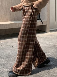 Women Plaid Elastic Waist Straight Leg Casual Pants Coffee Brown Casual   Woven Fabric Plaid Wide Leg Non-Stretch  Women Clothing, size features are:Bust: ,Length: ,Sleeve Length: Fall Trousers Outfit, Brown Plaid Pants, Fall Trousers, Yellow Long Dress, Plaid Pajama, Plaid Pajama Pants, Flannel Pants, Casual Wide Leg Pants, Knit Men