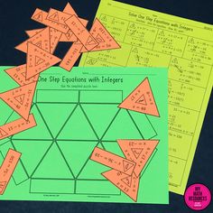 two sheets of paper with different shapes and numbers on them, one is green and the other is orange