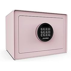 a pink box with a black button on the front and bottom is shown in this image