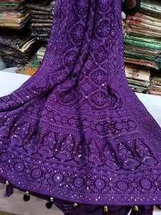 Buy Pure Georgette Chikankari Saree Online in India - Etsy Purple Lehenga With Chikankari Embroidery For Wedding, Purple Bollywood Saree With Chikankari Embroidery, Purple Wedding Lehenga With Chikankari Embroidery, Purple Chikankari Embroidered Lehenga In Georgette, Purple Sharara With Chikankari Embroidery In Georgette, Purple Chikankari Embroidery Sharara In Georgette, Unstitched Purple Lehenga With Chikankari Embroidery, Designer Purple Saree With Chikankari Embroidery, Bollywood Style Purple Lehenga With Chikankari Embroidery