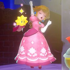 mario and princess peach dancing together in front of a brick wall with stars on it