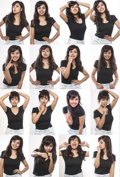 many different pictures of a woman smiling and posing for the camera with her hands on her hips