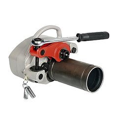 a red and silver fishing reel with two keys