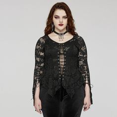 Introducing our enchanting Women's Gothic Irregular Lace-up Lace Top, a mesmerizing piece that embodies the essence of dark romance and allure. 
 
Crafted from luxurious elastic lace fabric, this top exudes elegance and sophistication with a touch of mystery. The intricate lace detailing adds depth and texture, creating a visually stunning garment that is both captivating and enchanting. 
 
The slightly sheer design of the lace fabric adds a hint of sensuality, making it the perfect choice for t Gothic Lace Tops For Party, Lace Gothic Top, Gothic Tops With Lace Trim And Stretch, Black Dress Gothic, Grunge Dresses, Gothic Long Sleeve Lace Top, Fitted Black Gothic Lace Top, Plus Size Gothic, Top In Pizzo