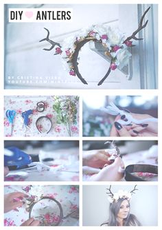 a collage of photos showing how to make a deer headband with flowers and antlers