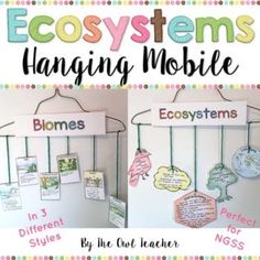 two pictures of hanging mobiles with text that says, ecosytems changing mobile