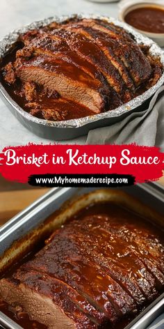 two pictures of brisket in ketchup sauce on top of a baking pan