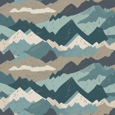 an abstract mountain scene with blue, green and beige colors