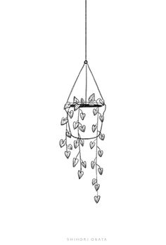 a black and white drawing of a wind chime with leaves hanging from it's sides