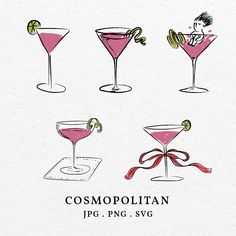 four cocktail glasses with different types of drinks in them and the words, cosmopolian jpc png svg