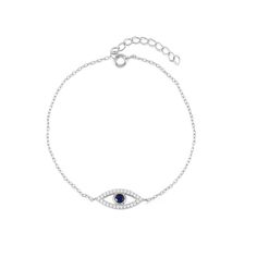 Blue CZ Evil Eye Bracelet in Platinum. Elegant Party Jewelry With Evil Eye Detail, Elegant Evil Eye Jewelry For Party, Elegant Evil Eye Chain Bracelet, Elegant Evil Eye Bracelet With Adjustable Chain, Elegant Beaded Evil Eye Bracelet, Elegant Gold Evil Eye Bracelet With Diamond Eyes, Elegant Blue Evil Eye Bracelet, Elegant Blue Evil Eye Bracelet With Adjustable Chain, Elegant Blue Sterling Silver Evil Eye Bracelet