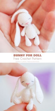 a small crocheted bunny is held in someone's hand with the text bunny for doll free crochet pattern