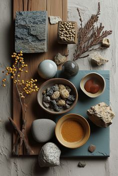 an assortment of rocks and other items on a table