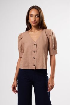 V Neck Cuff Sleeved Blouse - Sand Chic Button-up Puff Sleeve Top With Button Closure, Chic Button-up Puff Sleeve Top For Work, Chic Puff Sleeve Button-up Top For Work, Chic Puff Sleeve Top With Buttons For Work, Short Sleeve Puff Top With Blouson Sleeves For Work, Workwear Puff Sleeve Top With Buttons, Fitted Button-up Puff Sleeve Top For Work, Solid Color Puff Sleeve Top With Gathered Sleeves, Solid Puff Sleeve Top With Gathered Sleeves