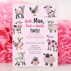 Oink Moo Cock-a-doodle two! An adorable girls second birthday farm animal party invite. Zoo Theme 2nd Birthday Cake, Click Clack Moo Birthday Party, Age 2 Birthday Party Ideas, Second Birthday Farm Theme Girl, Baby Second Birthday Ideas, First And Second Birthday Party Combined, Two Two Birthday Party, Farm Theme Second Birthday Party, Moo I’m Two