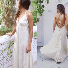 Long boho dress boho dress bridesmaid dress open by MustBeMuse Flowy Floor-length Breezy Maxi Dress, Bohemian V-neck Maxi Dress For Beach Wedding, Backless Sundress Maxi Dress For Vacation, Vacation Backless Sundress Maxi Dress, Tie-back Maxi Length Halter Sundress, Tie Back Halter Maxi Sundress, Tie Back Halter Sundress In Maxi Length, Bohemian Halter Neck Maxi Dress With Tie Back, Flowy Breezy Long Maxi Dress