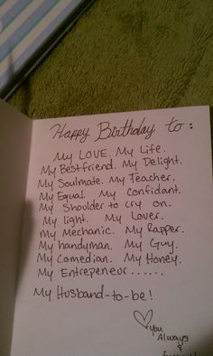 a handwritten birthday card for my husband to be on his bed in the morning