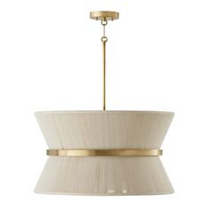 a chandelier with a beige shade on the bottom and gold trim around it