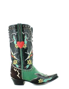 DOUBLE D RANCH BY OLD GRINGO - WOMEN'S This boot gives us all the retro vibes! Let this Midnight Cowboy whisk you away. This boot has a stunning blend of retro colors, intricate embroidery, inlay and overlay leather details, contrast whip stitch, gun powder studs, and a sassy pony hair heel counter. Shaft Height : 13 inch Shaft Circumference : 15 inch Width : Standard B Heel Height : 1.625 inch Measured in size 7.5. Measurements may have a slight variation based on size. More Information Details Bohemian Leather Boots For Rodeo, Leather Bohemian Boots For Rodeo, Fitted Bohemian Leather Boots, Bohemian Boots With Snip Toe For Ranch, Bohemian Snip Toe Boots For Ranch, Multicolor Leather Boots With Snip Toe, Western Hand Tooled Boots For Festivals, Hand Tooled Western Boots For Festival, Bohemian Snip Toe Boots For Rodeo