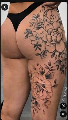 Whole Thigh Tattoo Women, Hip Floral Tattoos Women, Floral Side Piece Tattoo, Back To Thigh Tattoo Women, Flower Losing Petals Tattoo, Women’s Thigh Sleeve, Womans Hip Tattoo, Cool Thigh Tattoo For Women, Back To Leg Tattoo Women