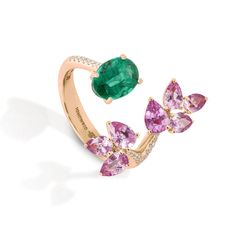 Elegant Pink Sapphire Ring With Rose Cut Diamonds, Luxury Rose Gold Multi-stone Sapphire Ring, Luxury Multi-stone Rose Gold Sapphire Ring, Elegant Emerald Ring With Gemstone Accents, Luxury Multi-stone Sapphire Ring In Rose Gold, Luxury Rose Gold Emerald Ring For Formal Occasions, Rose Gold Luxury Emerald Ring For Formal Occasions, Elegant Rose Gold Emerald Ring With Brilliant Cut, Elegant Multi-stone Pink Sapphire Rings