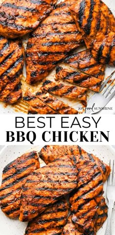 grilled chicken on a white plate with fork and knife next to it, the text reads best easy bbq chicken