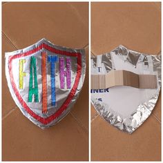 two pictures side by side one has a paper plate and the other has a metal shield that says faith