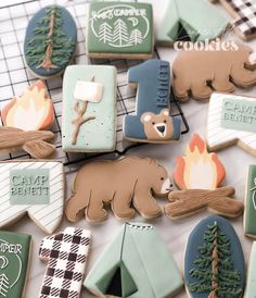 cookies decorated with camping related items on a cooling rack