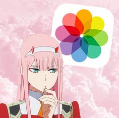 an anime character with pink hair and blue eyes holding a finger up to her mouth