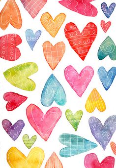 watercolor hearts are arranged in different colors