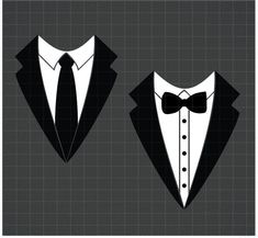 two black and white tuxedos with bow ties on grey plaid background, illustration