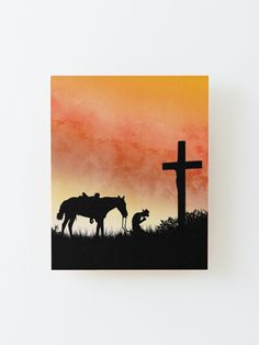 a painting of a horse and a dog standing in front of a cross at sunset