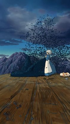 a woman standing on top of a wooden floor under a sky filled with birds