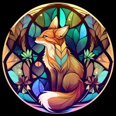 a stained glass window with a fox sitting in it's center, surrounded by leaves