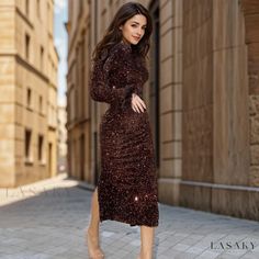 Lasaky - Elegant Feather-Trimmed Midi Sequin Dress with Long Sleeves and Back Slit - Coffee Midi Sequin Dress, Nude Maxi Dresses, Coffee Color, Dress With Long Sleeves, Coffee Colour, Long Sleeve Midi, Olivia Mark, Sequin Dress, Sequin