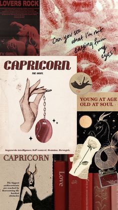 collage of books and images with captions from the book capricorn on them