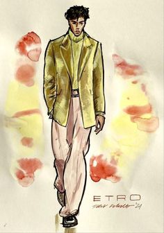 a drawing of a man in a yellow jacket and pink pants