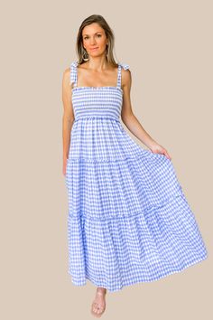 Our See You Again Blue Gingham Midi Dress features a smocked bust, tiered skirt, and self tie shoulder straps. Model is wearing a size Small. Gingham Midi Dress, See You Again, Beautiful Clothes, Blue Gingham, Gingham Dress, Tier Skirt, Tiered Skirt, Beautiful Outfits, See You