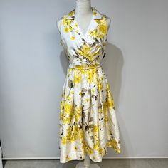 Jh Gown Sleeveless Yellow Floral Retro Collared Midi Length Side Zipper Matching Sash Belt Pleated Fit And Flare Women’s Size 6 - See Pictures For Measurements New With Tags Elegant Yellow A-line Sleeveless Dress, Chic Yellow Sleeveless Dress For Spring, Elegant Yellow Sleeveless Maxi Dress, Elegant Yellow Sleeveless Sundress, Elegant Yellow Sundress For Garden Party, Fitted Yellow Floral Print Sleeveless Dress, Yellow Fitted Floral Print Sleeveless Dress, Fitted Yellow Sleeveless Dress With Floral Print, Fitted Yellow Sleeveless Midi Dress