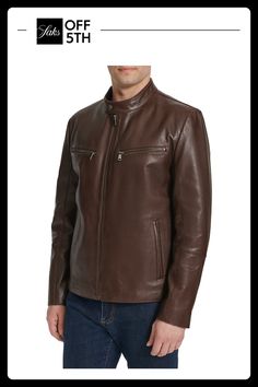 Button-Snap Band Collar Long Sleeve Zip Front Four Front Zip Pockets 100% Genuine Leather Dry Clean By Leather Specialist Imported About 25.5" From Shoulder To Hem. Men's - M Outerwear > Saks Off 5th. Cole Haan. Color: Brown. Size: L. Classic Long Sleeve Outerwear With Button Zip Fly, Classic Long Sleeve Biker Jacket With Button Closure, Classic Long Sleeve Biker Jacket, Classic Workwear Outerwear With Button Zip Fly, Classic Brown Biker Jacket With Button Closure, Business Biker Jacket With Snap Buttons And Long Sleeves, Classic Winter Biker Jacket With Snap Buttons, Business Biker Jacket With Snap Buttons, Classic Winter Outerwear With Button Zip Fly